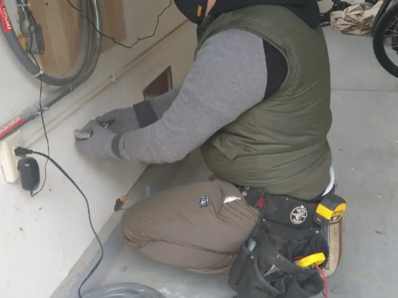 Electrician performing outlet wiring in a Anniston garage